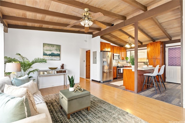 87-217 Maia St, Waianae, HI 96792 - living area featuring wood finished floors, wood ceiling, a ceiling fan, baseboards, and electric panel