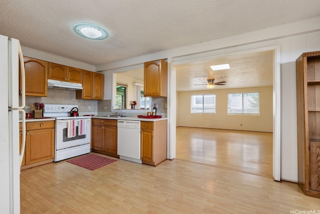 92-742 Nohopono St, Kapolei, HI 96707 - kitchen with white appliances, a sink, a textured ceiling, under cabinet range hood, and light wood finished floors