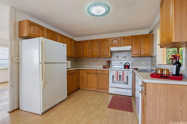 92-742 Nohopono St, Kapolei, HI 96707 - kitchen with white appliances, under cabinet range hood, light wood-style floors, a sink, and a textured ceiling
