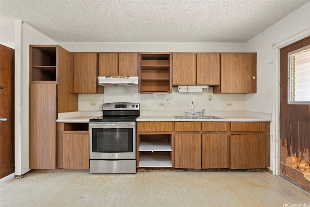 94-533 Ulieo St, Waipahu, HI 96797 - kitchen featuring open shelves, electric stove, under cabinet range hood, a sink, and a textured ceiling
