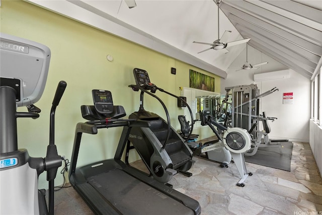 500 University Ave Unit 532, Honolulu, HI 96826 - gym featuring ceiling fan, a wall mounted air conditioner, lofted ceiling, and stone finish flooring