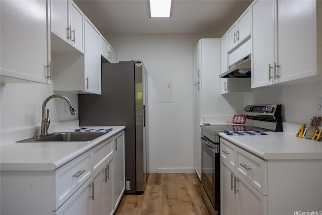 255 Mananai Pl Unit 52T, Honolulu, HI 96818 - kitchen with black electric range oven, a sink, under cabinet range hood, light wood-style flooring, and white cabinetry