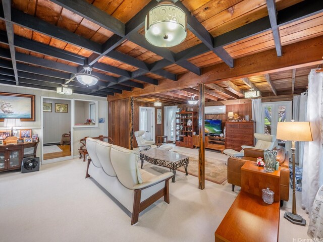 509 Lawelawe St, Honolulu, HI 96821 - carpeted living room featuring wood ceiling with exposed beams, coffered ceiling, and wood walls