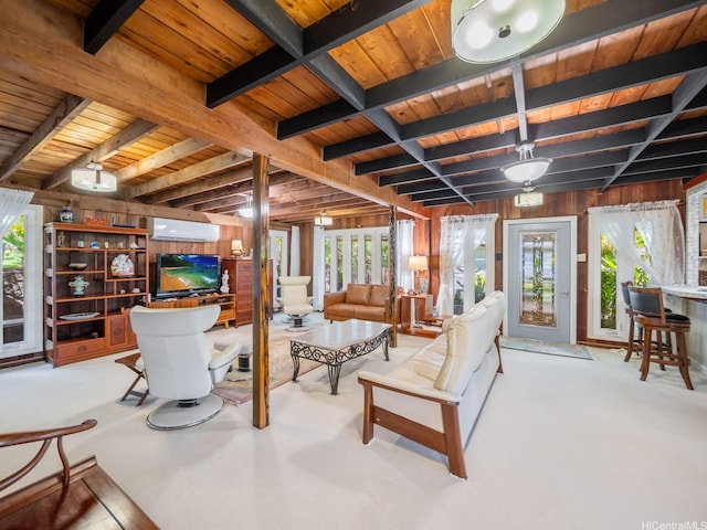 509 Lawelawe St, Honolulu, HI 96821 - living room featuring wooden walls, wooden ceiling with exposed beams, plenty of natural light, a wall mounted air conditioner, and carpet floors