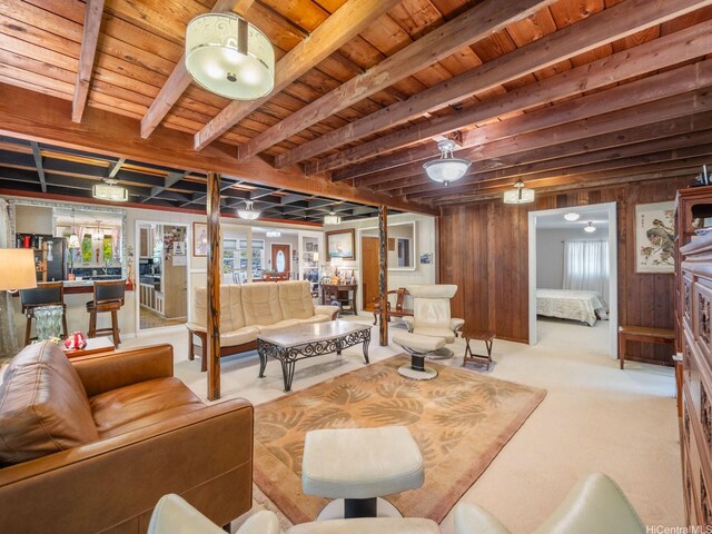 509 Lawelawe St, Honolulu, HI 96821 - below grade area featuring wood ceiling, wood walls, carpet, and freestanding refrigerator