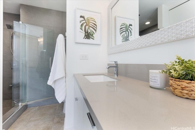 229 Paoakalani Ave Unit Ph-3807, Honolulu, HI 96815 - full bath featuring vanity, a shower stall, tile patterned flooring, and recessed lighting