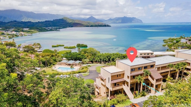 46-55 Meheanu Pl Unit 3441, Kaneohe, HI 96744 - aerial view of a water and mountain view and a pool