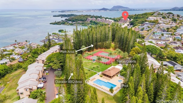 46-55 Meheanu Pl Unit 3441, Kaneohe, HI 96744 - drone / aerial view of a nearby body of water and a pool