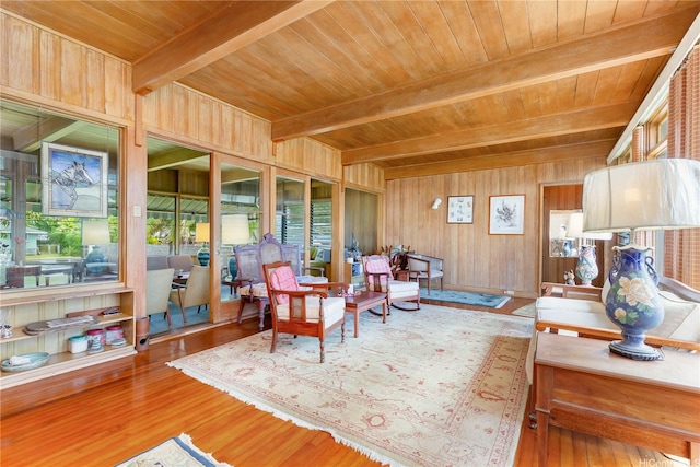 146 Kaluamoo St, Kailua, HI 96734 - living area with wooden ceiling with exposed beams, wooden walls, and wood finished floors