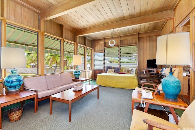 146 Kaluamoo St, Kailua, HI 96734 - living area with wooden walls, wood ceiling with exposed beams, and carpet floors
