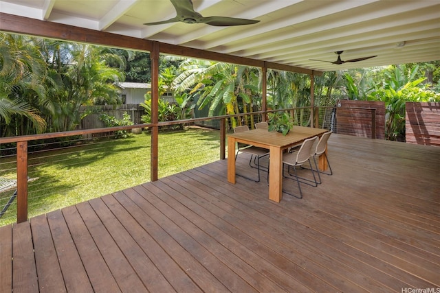 59-029 Huelo St, Haleiwa, HI 96712 - wooden terrace with ceiling fan and outdoor dining area