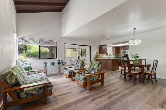 98-130 Lania Way Unit 42, Aiea, HI 96701 - living area featuring light wood-style flooring, a towering ceiling, baseboards, and beam ceiling