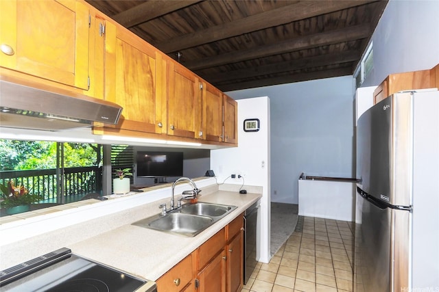 47-718 Hui Kelu St Unit 1504, Kaneohe, HI 96744 - kitchen with freestanding refrigerator, a sink, dishwashing machine, under cabinet range hood, and stove