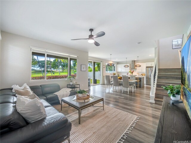 91-5408 Kapolei Pkwy Unit 37, Kapolei, HI 96707 - living room with a ceiling fan, wood finished floors, and stairway