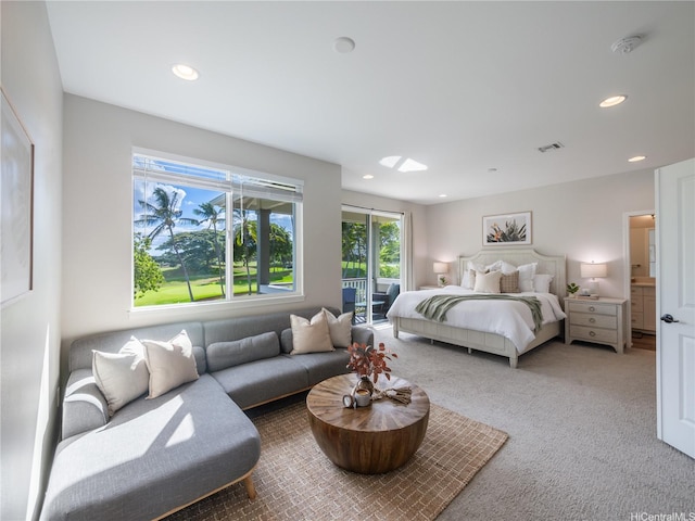 91-5408 Kapolei Pkwy Unit 37, Kapolei, HI 96707 - bedroom with light carpet, recessed lighting, and access to outside