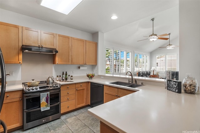 91-818 Lualai St Unit 69, Ewa Beach, HI 96706 - kitchen with double oven range, dishwasher, under cabinet range hood, a sink, and a peninsula