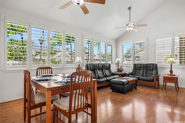 91-818 Lualai St Unit 69, Ewa Beach, HI 96706 - dining space with a ceiling fan, wood finished floors, and lofted ceiling