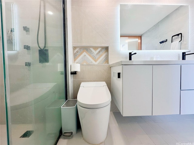 581 Kamoku St Unit 3906, Honolulu, HI 96826 - full bath featuring tile walls, a stall shower, vanity, toilet, and tile patterned flooring