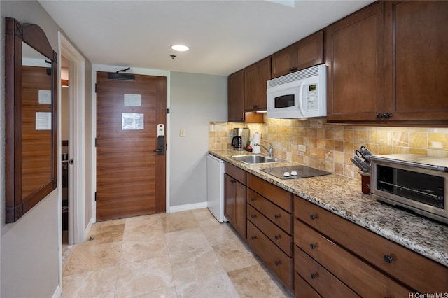 2045 Kalakaua Ave Unit 618, Honolulu, HI 96815 - kitchen with white appliances, a sink, baseboards, decorative backsplash, and light stone countertops