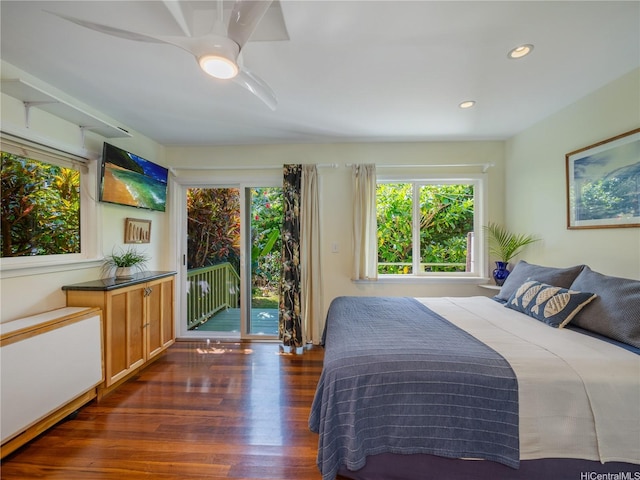 58-015 Maika Pl, Haleiwa, HI 96712 - bedroom with access to exterior, multiple windows, dark wood-style flooring, a ceiling fan, and recessed lighting