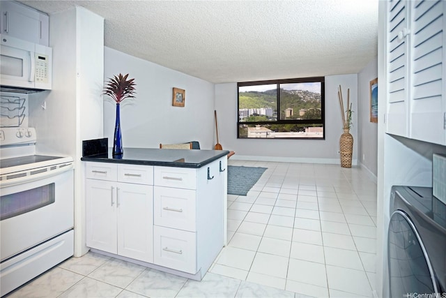 2724 Kahoaloha Ln Unit 902, Honolulu, HI 96826 - kitchen featuring white appliances, a textured ceiling, a peninsula, white cabinetry, and dark countertops