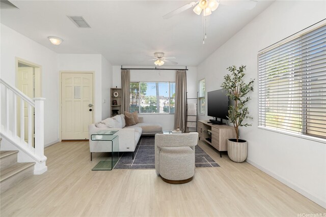 91-1059 Kaimalie St Unit 2P1, Ewa Beach, HI 96706 - living room featuring ceiling fan, stairs, and light wood-type flooring