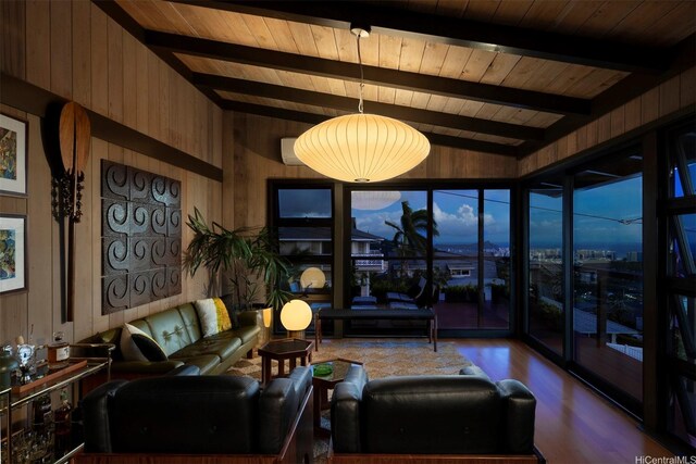 1875 Kualono St, Honolulu, HI 96817 - living area featuring wood finished floors, wood walls, and wood ceiling