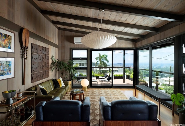 1875 Kualono St, Honolulu, HI 96817 - living area with wood finished floors, wood walls, wood ceiling with exposed beams, and an AC wall unit
