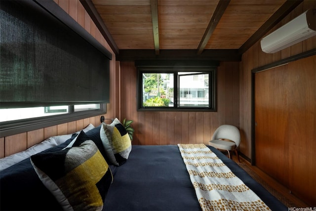 1875 Kualono St, Honolulu, HI 96817 - bedroom featuring a wall unit AC, wood ceiling, and wooden walls