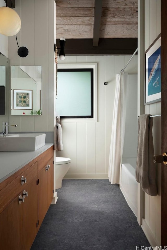 1875 Kualono St, Honolulu, HI 96817 - full bathroom with vanity, toilet, shower / bath combination with curtain, and wood ceiling with exposed beams
