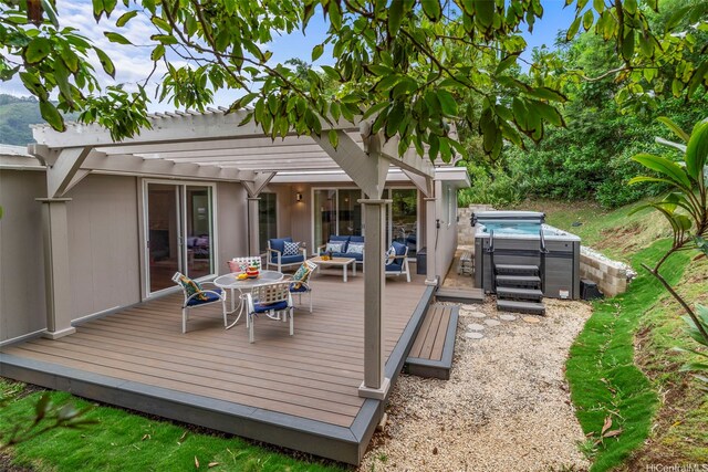 3657 Woodlawn Dr, Honolulu, HI 96822 - wooden terrace featuring a hot tub, outdoor lounge area, and a pergola