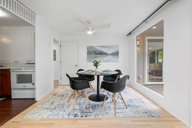 3657 Woodlawn Dr, Honolulu, HI 96822 - dining space featuring light wood finished floors, ceiling fan, and electric panel