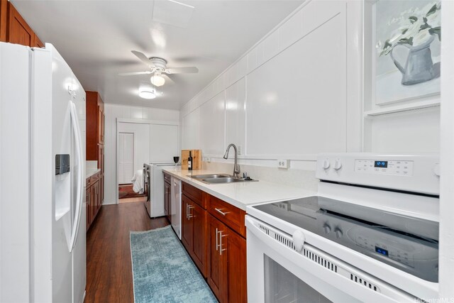 3657 Woodlawn Dr, Honolulu, HI 96822 - kitchen featuring white appliances, light countertops, dark wood finished floors, ceiling fan, and brown cabinets