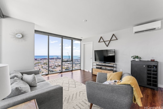 600 Ala Moana Blvd Unit 1101, Honolulu, HI 96813 - living area with a wall mounted AC, floor to ceiling windows, and dark wood-type flooring