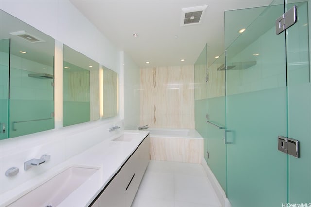 1118 Ala Moana Blvd Unit 805, Honolulu, HI 96814 - full bathroom featuring a bath, double vanity, a stall shower, tile patterned flooring, and recessed lighting