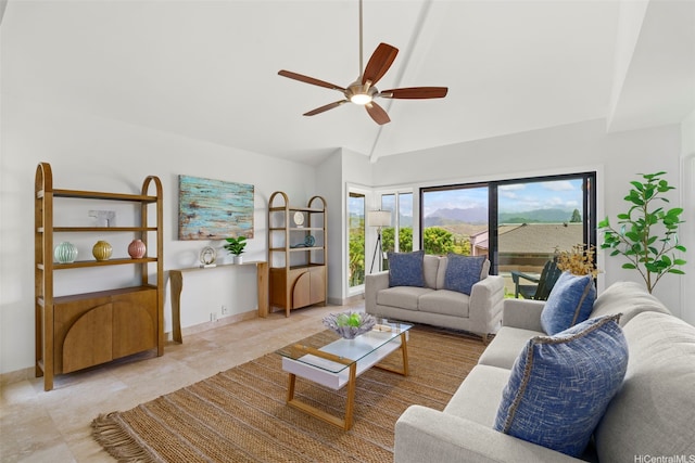 389D Kaelepulu Dr Unit 1504, Kailua, HI 96734 - living room featuring a ceiling fan, baseboards, light tile patterned flooring, and high vaulted ceiling