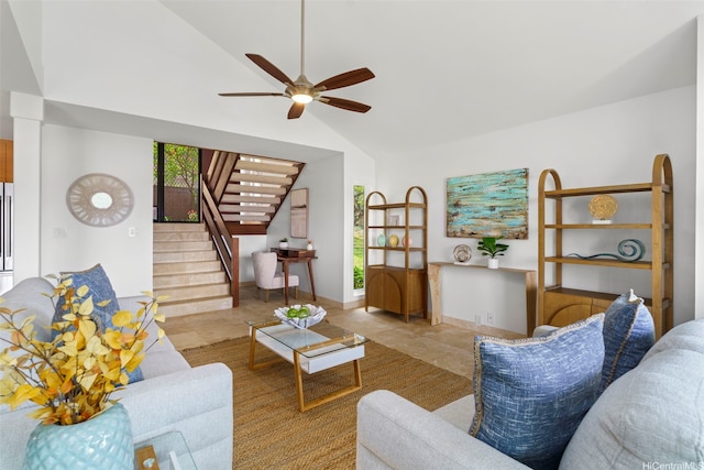 389D Kaelepulu Dr Unit 1504, Kailua, HI 96734 - tiled living area featuring lofted ceiling, ceiling fan, and stairs