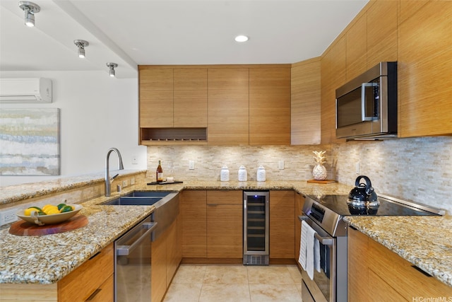 389D Kaelepulu Dr Unit 1504, Kailua, HI 96734 - kitchen featuring stainless steel appliances, beverage cooler, a sink, a wall mounted AC, and light tile patterned floors