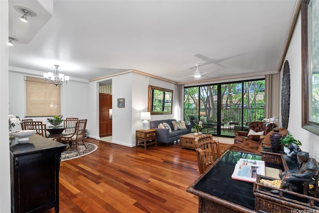 343 Hobron Ln Unit L103, Honolulu, HI 96815 - living room with a chandelier, wood finished floors, a ceiling fan, and baseboards