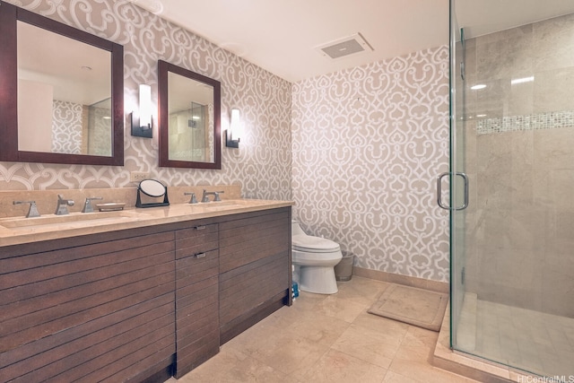 1551 Ala Wai Blvd Unit 2906, Honolulu, HI 96815 - full bath with wallpapered walls, double vanity, toilet, and a stall shower