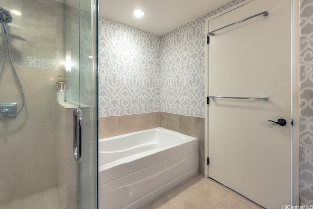 1551 Ala Wai Blvd Unit 2906, Honolulu, HI 96815 - bathroom with a bath, a shower stall, wallpapered walls, and marble finish floors