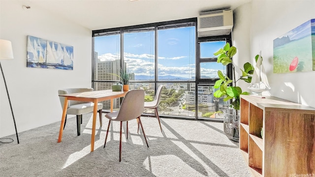 60 N Beretania St Unit 1702, Honolulu, HI 96817 - dining area with floor to ceiling windows, carpet flooring, a wall mounted AC, and a view of city