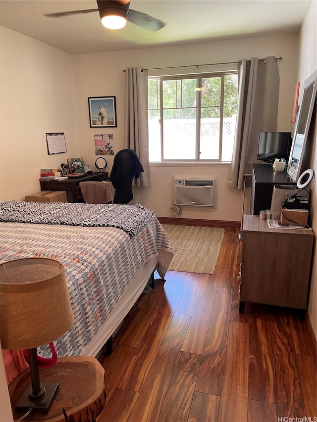 95-965 Ukuwai St Unit 3602, Mililani, HI 96789 - bedroom featuring a wall mounted air conditioner, dark wood finished floors, a ceiling fan, and a desk