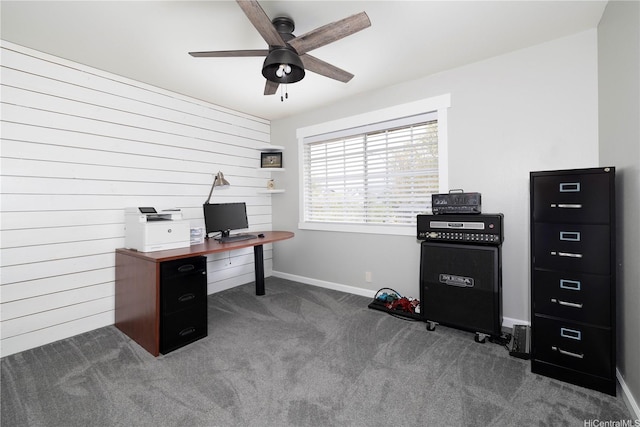 91-1013 Kailike St, Ewa Beach, HI 96706 - office featuring ceiling fan, dark carpet, baseboards, and wood walls