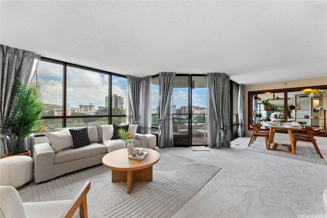 1525 Wilder Ave Unit 903, Honolulu, HI 96822 - living area with a textured ceiling, light colored carpet, a city view, and floor to ceiling windows