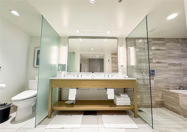 383 Kalaimoku St Unit 1807, Honolulu, HI 96815 - bathroom with a walk in shower, vanity, tile patterned flooring, and recessed lighting