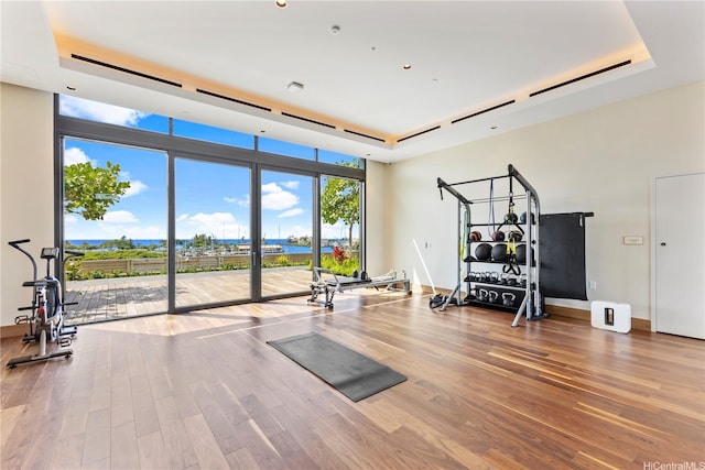1100 Ala Moana Blvd Unit 3903, Honolulu, HI 96814 - workout area with a tray ceiling, wood finished floors, floor to ceiling windows, baseboards, and a water view