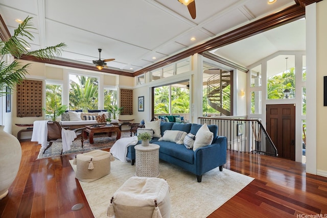 876 Aalapapa Dr Unit B, Kailua, HI 96734 - living room with a ceiling fan, coffered ceiling, wood finished floors, recessed lighting, and ornamental molding