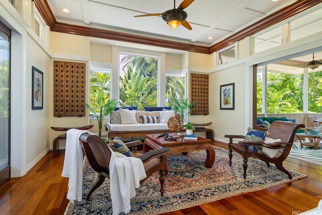 876 Aalapapa Dr Unit B, Kailua, HI 96734 - sunroom / solarium with baseboards, coffered ceiling, wood finished floors, ornamental molding, and recessed lighting