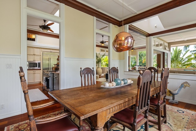 876 Aalapapa Dr Unit B, Kailua, HI 96734 - dining room featuring ceiling fan, wood finished floors, a wainscoted wall, plenty of natural light, and crown molding